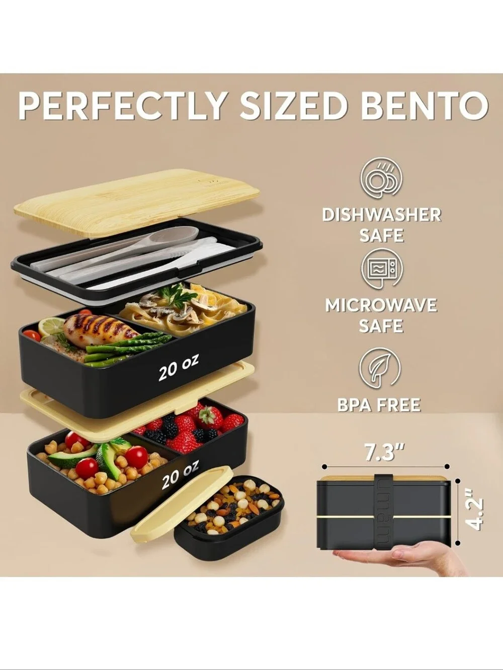 Bamboo Lid Black 3-Tier Bento Box Lunch Container New